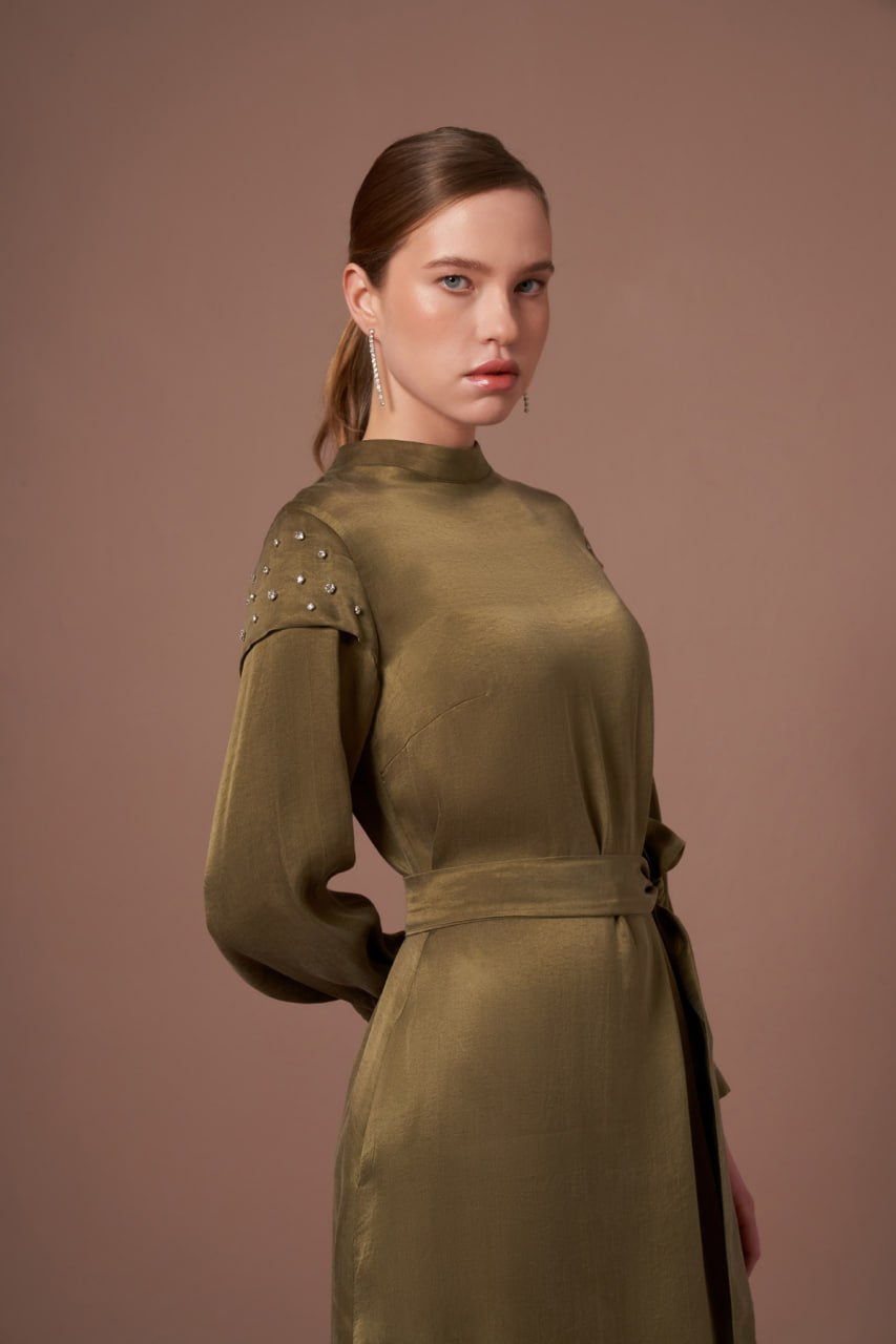 Crystal-Stud Silk-Touch Dress-Olive Glow