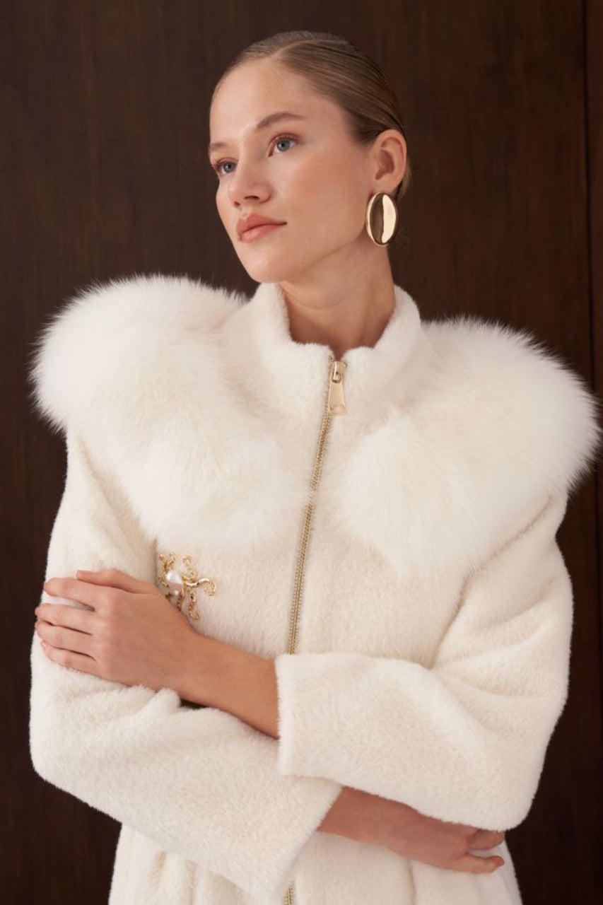 Angora-Touch Coat with Fur Cape Accent - Cloud Dancer