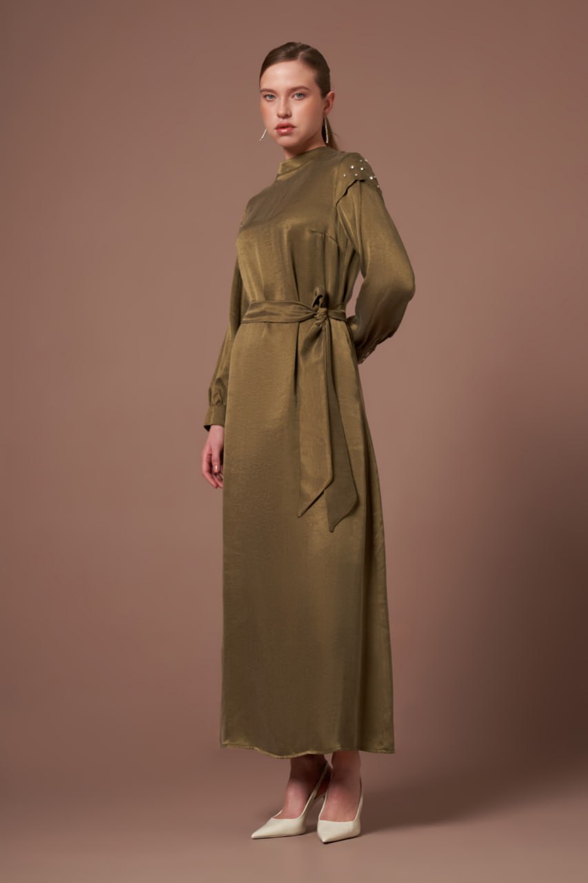 Crystal-Stud Silk-Touch Dress-Olive Glow
