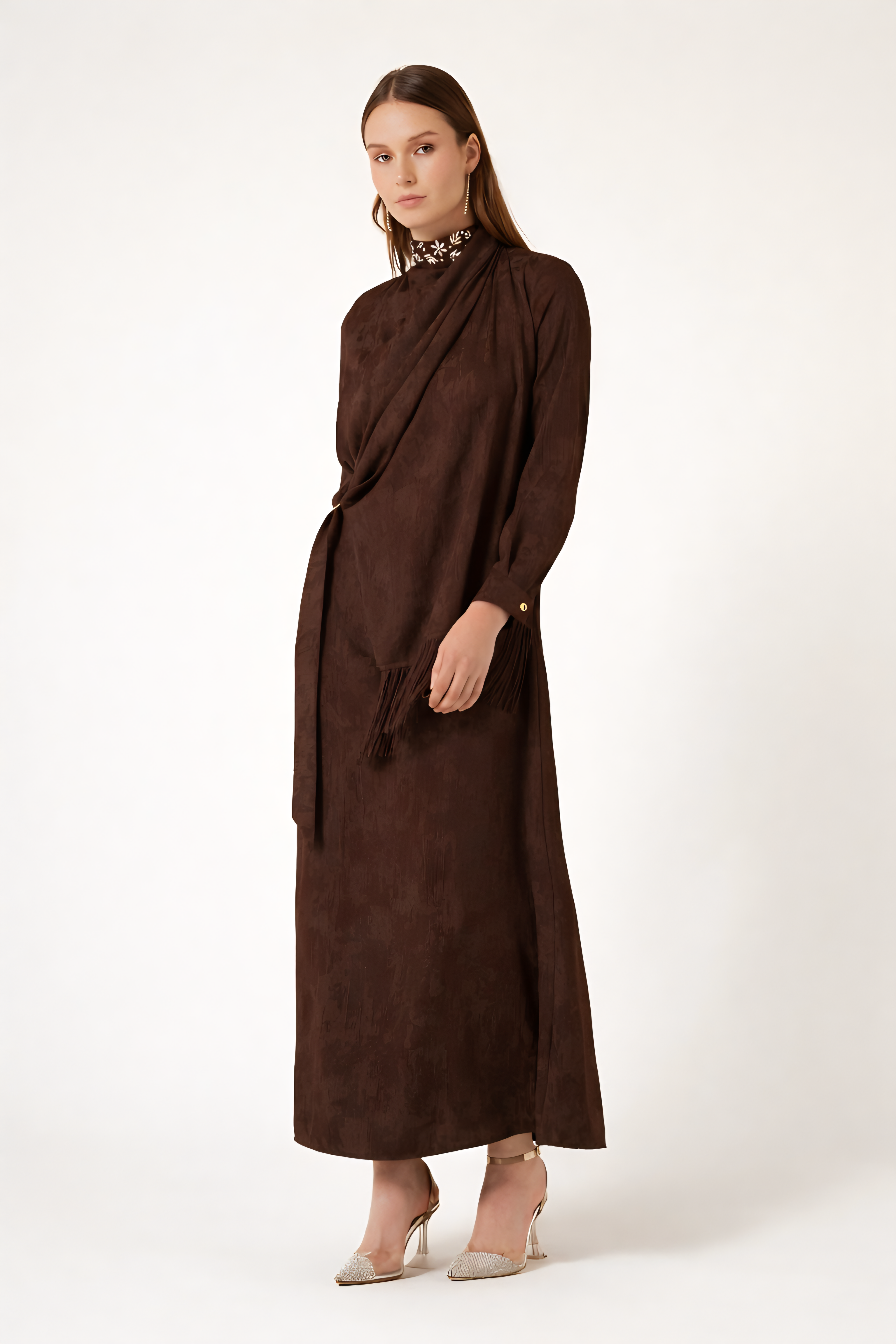 Diamond Yoke Draped Jacquar Dress-Deep Cocoa