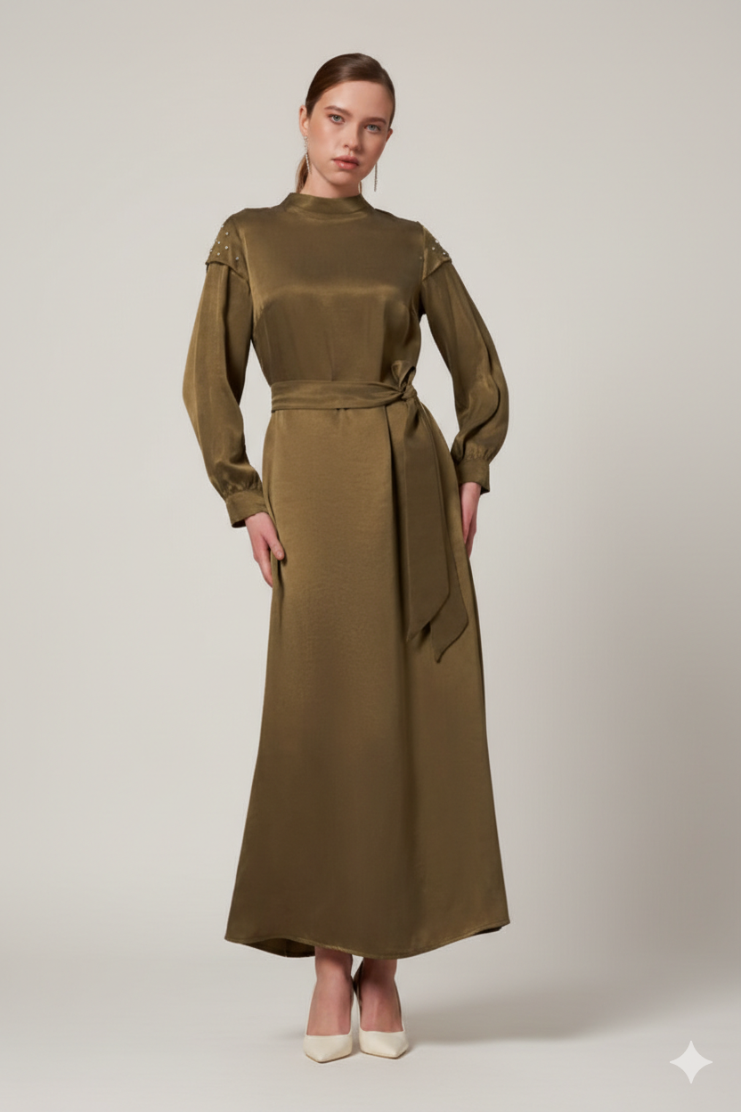 Crystal-Stud Silk-Touch Dress-Olive Glow