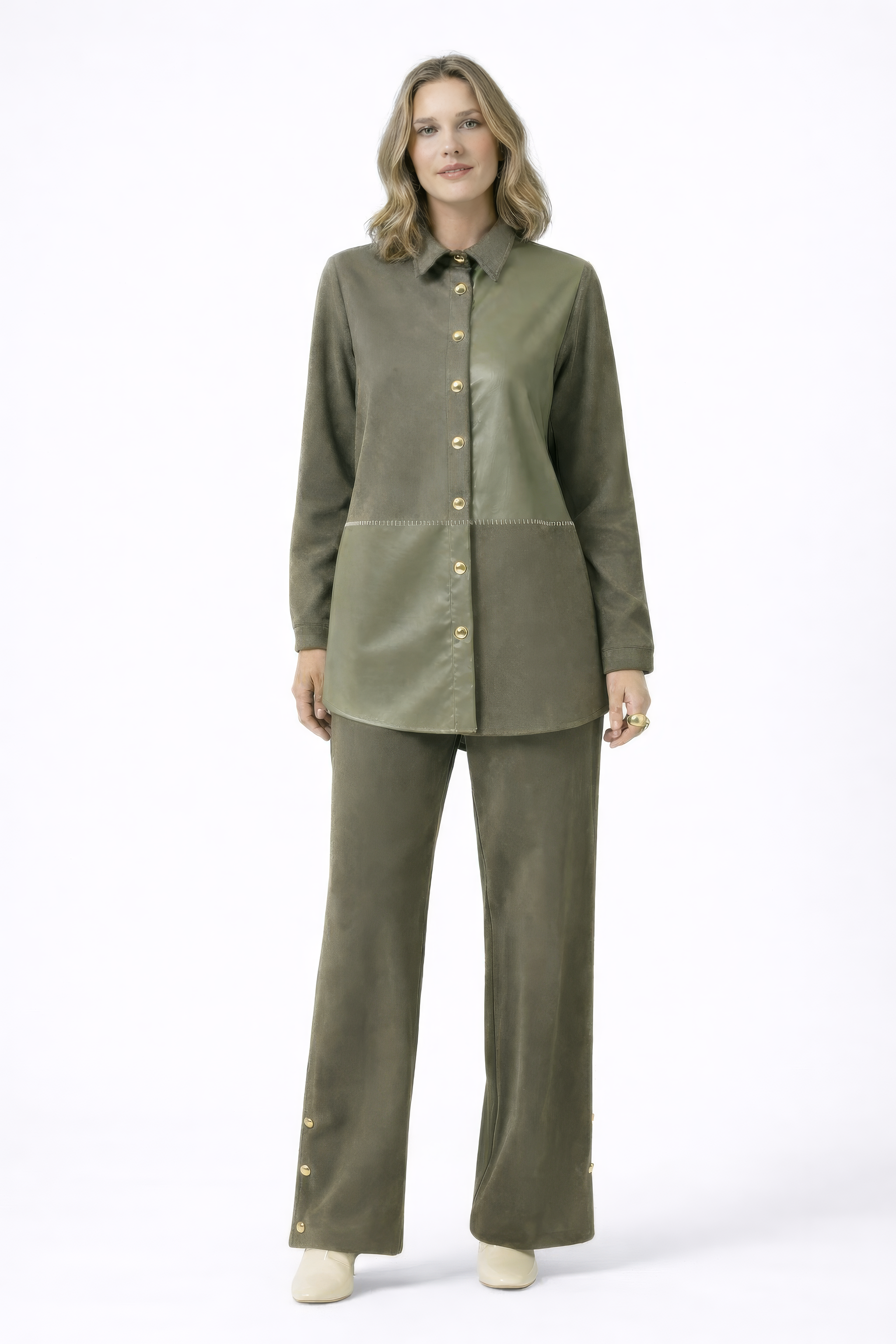 Refined Suede and Leather Ensemble-Reseda Green