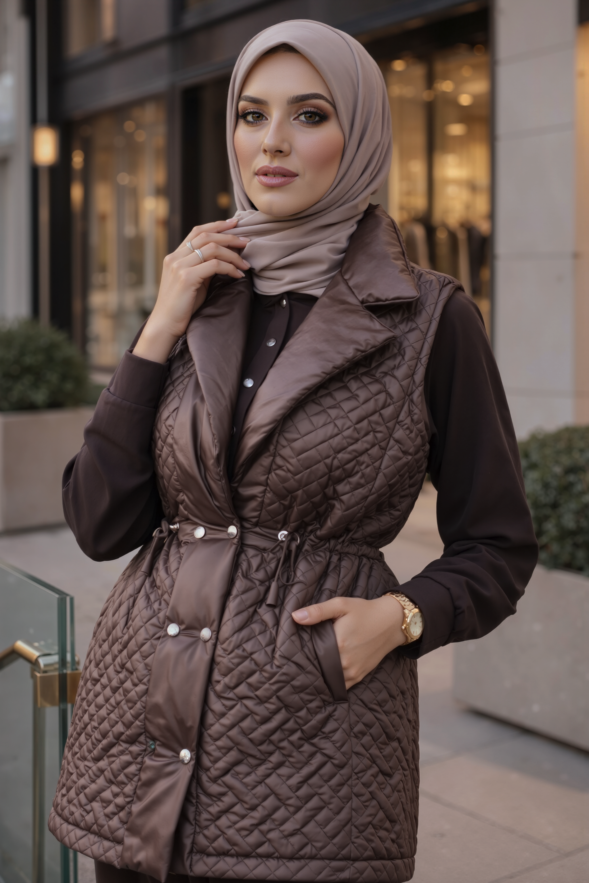 Quilted Vest Pant Set-Deep cocoa