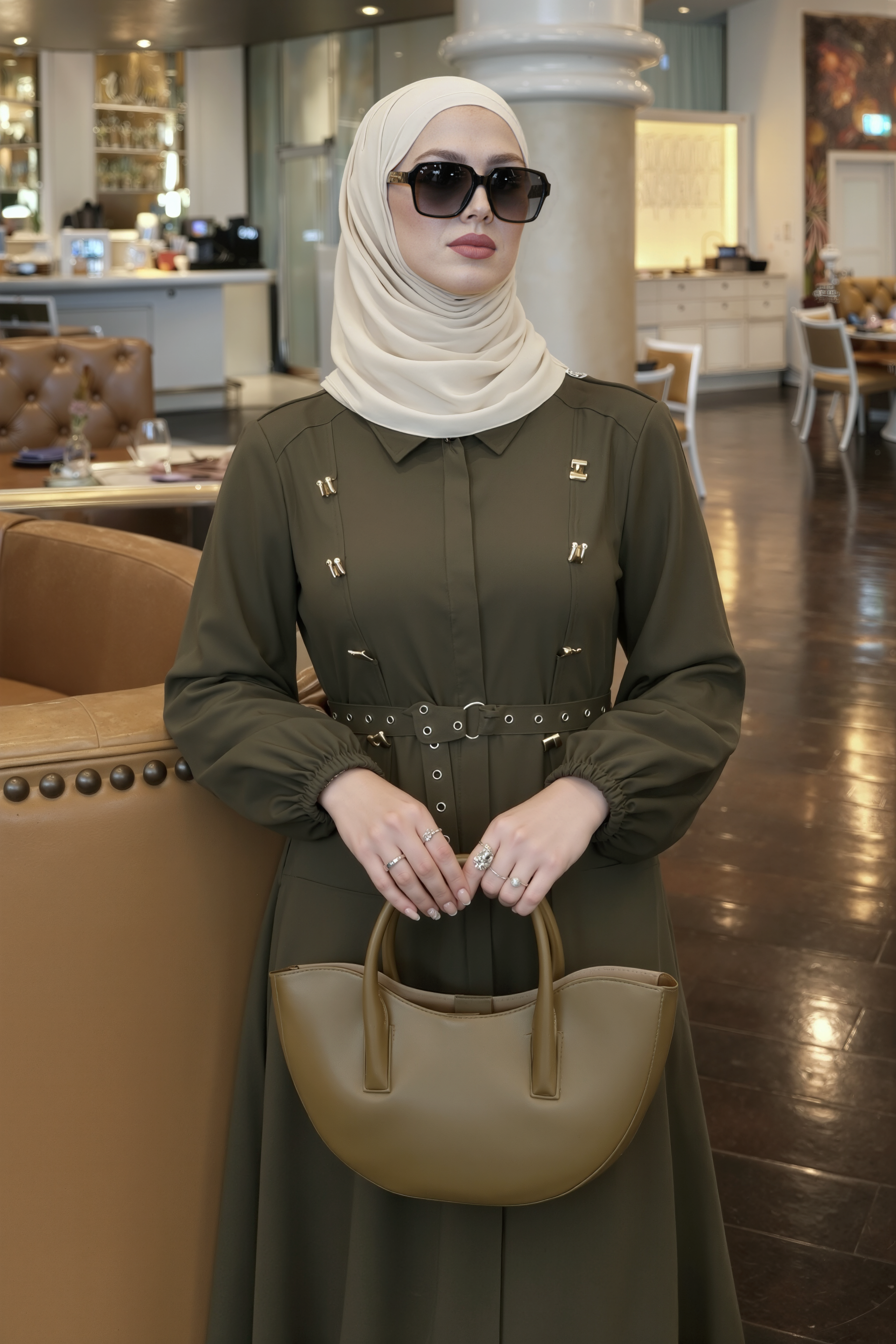 Silver Eyelet Belted Dress-Forest Khaki