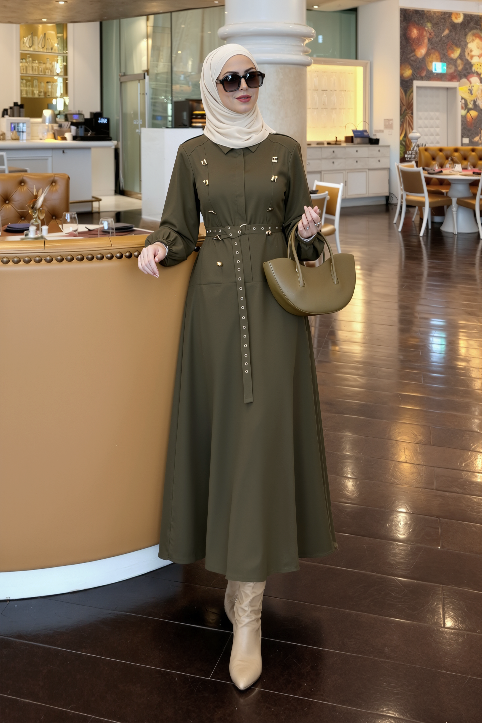 Silver Eyelet Belted Dress-Forest Khaki