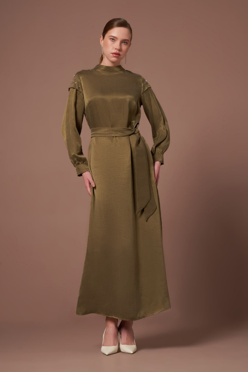 Crystal-Stud Silk-Touch Dress-Olive Glow