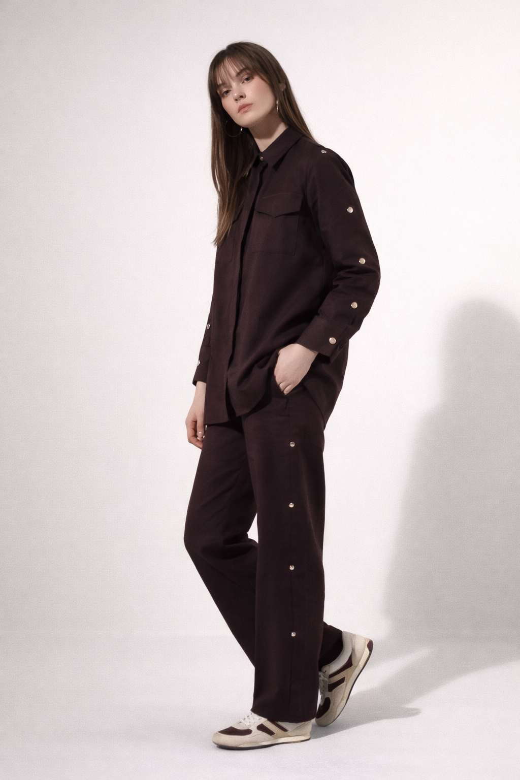 Suede Touch Gold Button Pant Set – Velvet Plum