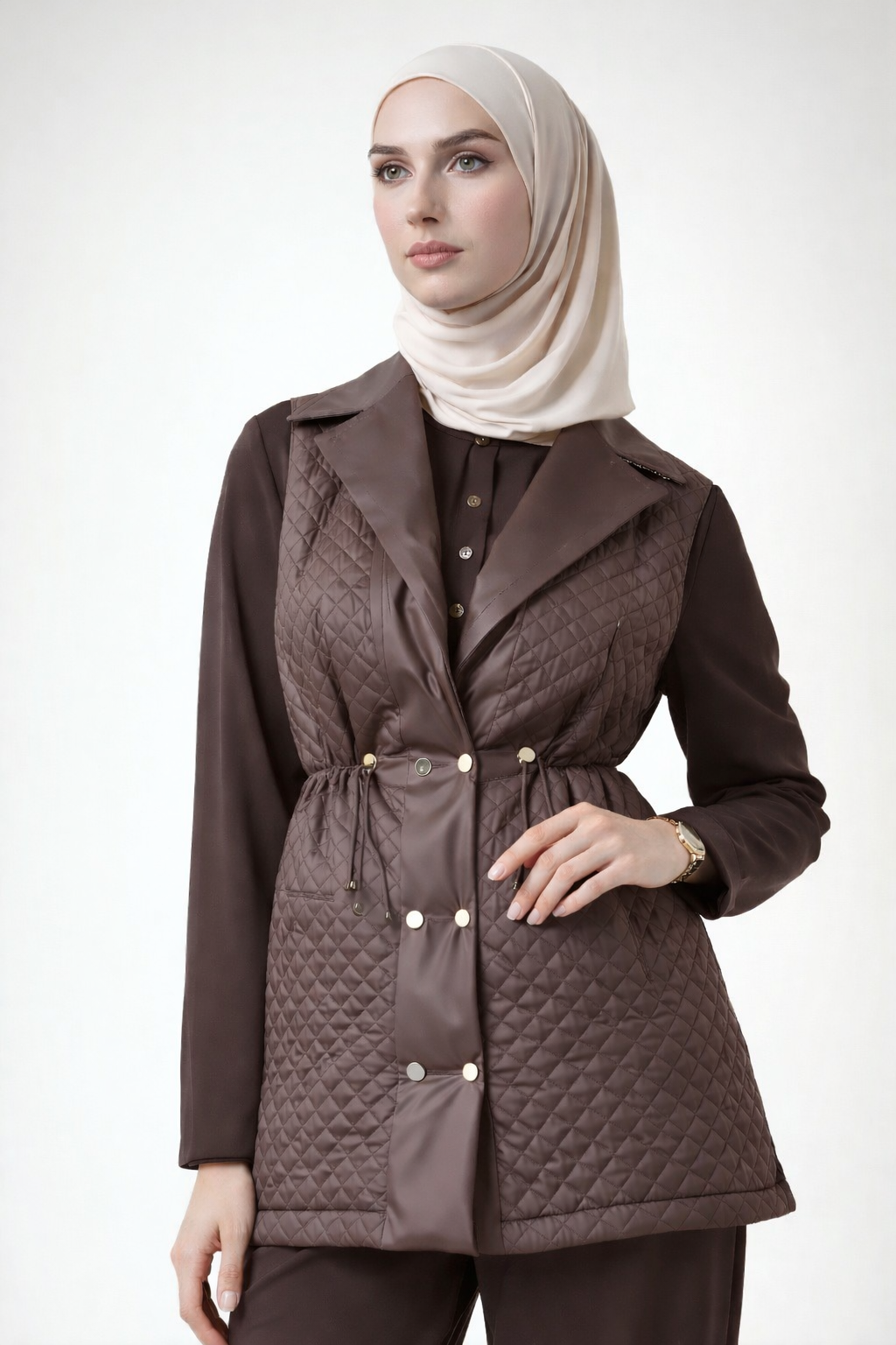 Quilted Vest Pant Set-Deep cocoa