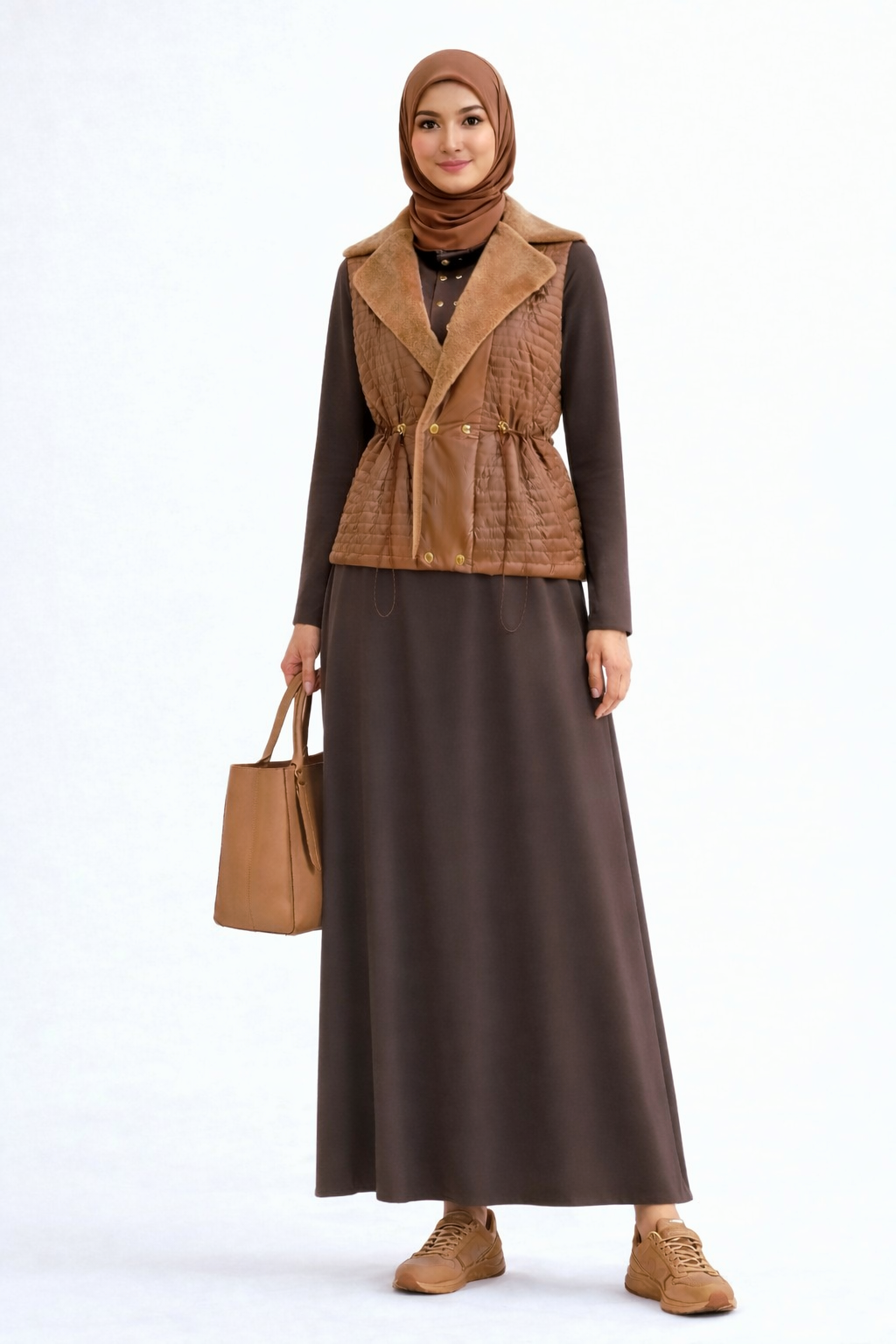 Quilted Faux Fur Layered Dress Set-Deep Cocoa