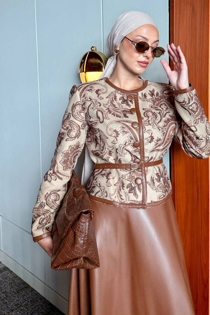 Paisley Jacket & Faux Leather Skirt Set -Caramel