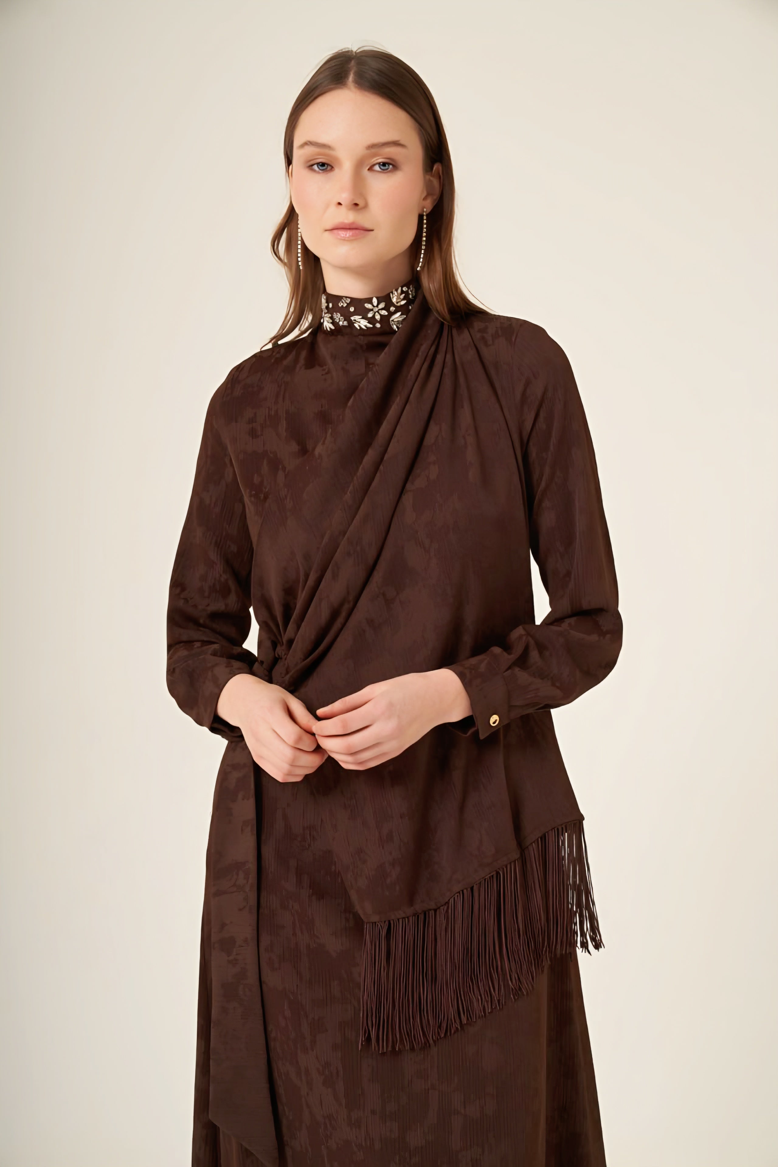 Diamond Yoke Draped Jacquar Dress-Deep Cocoa