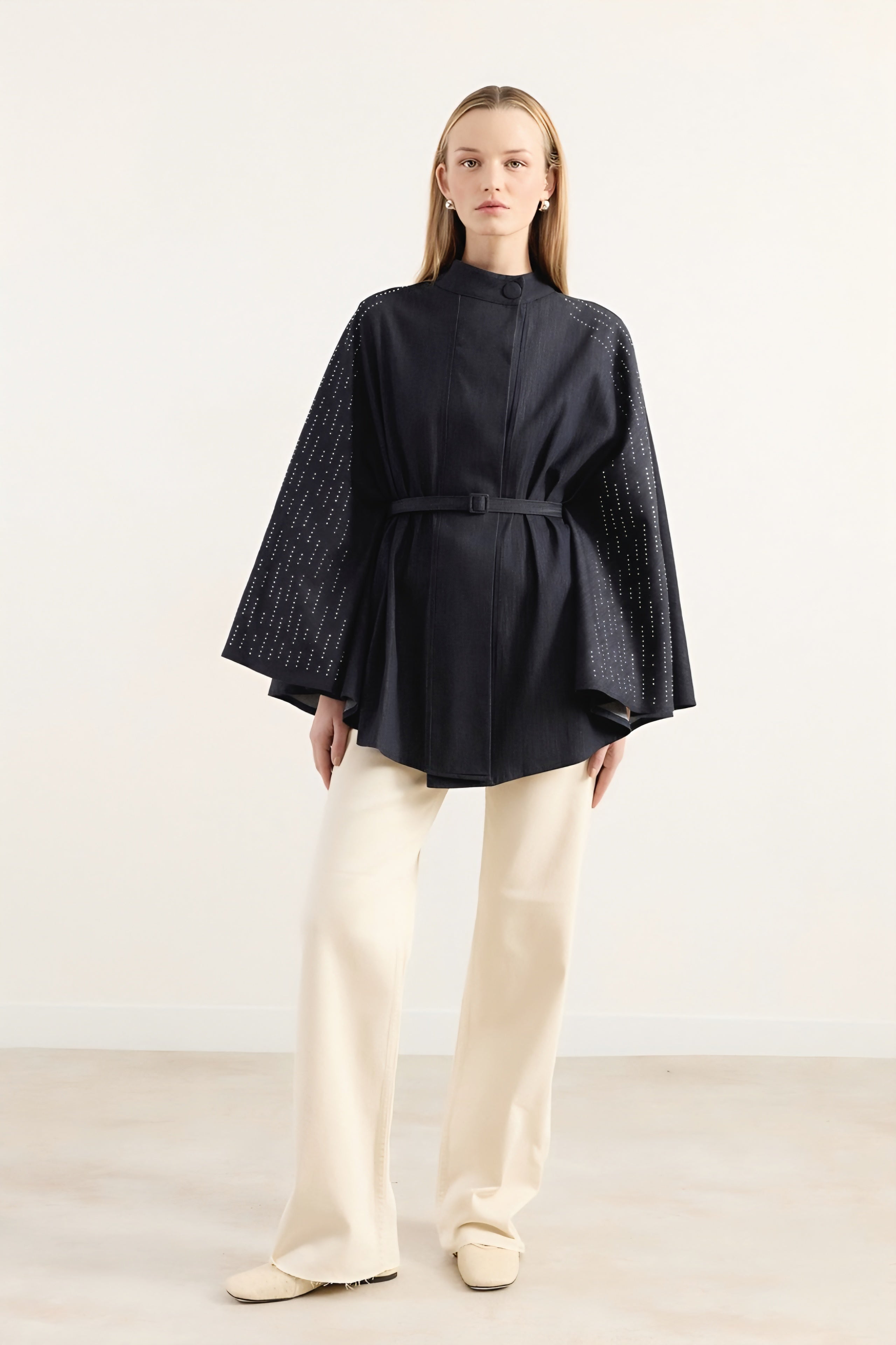 Strass-Embellished Belted Cape Jacket