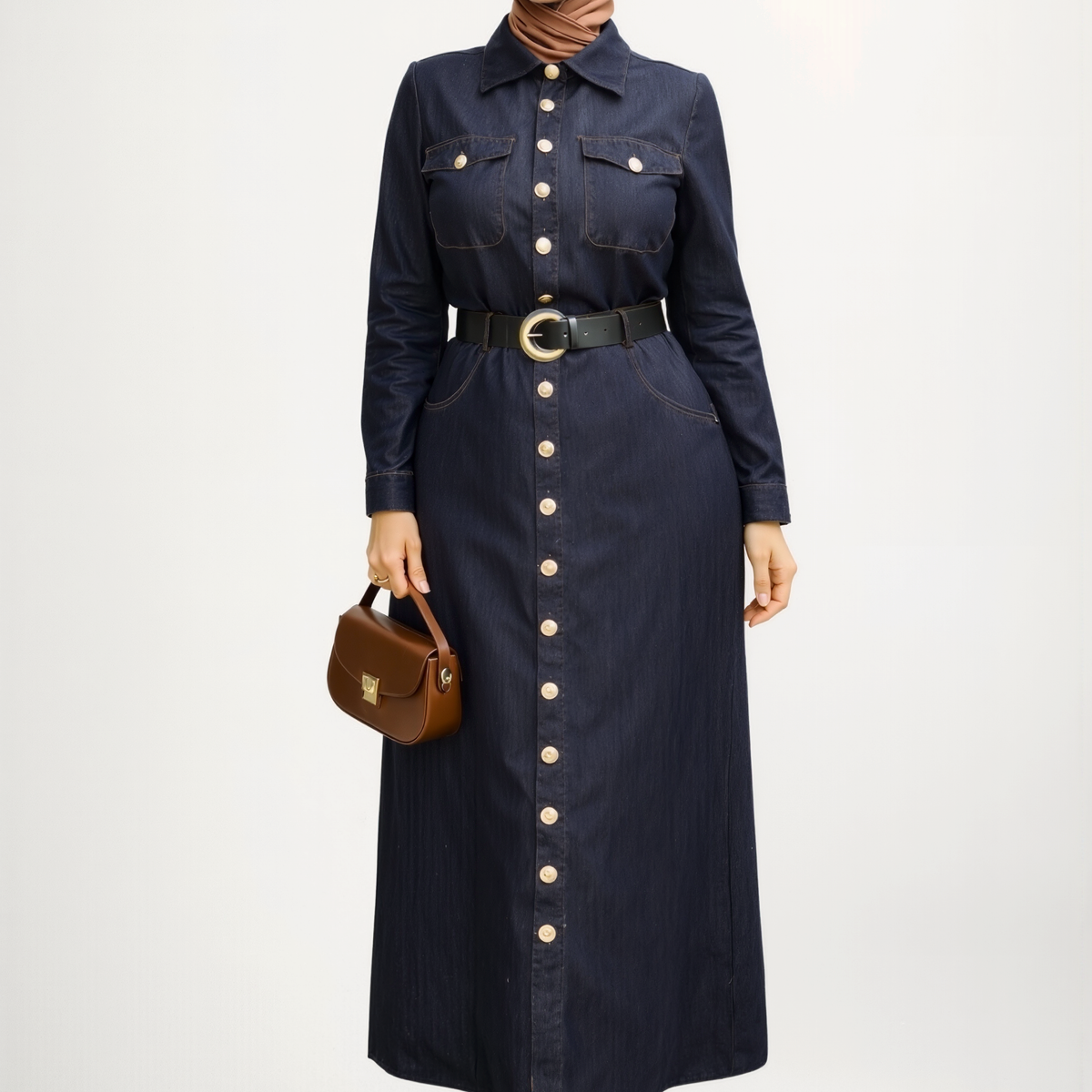 Structured Belted Denim Shirt Dress in Midnight Indigo | Modest