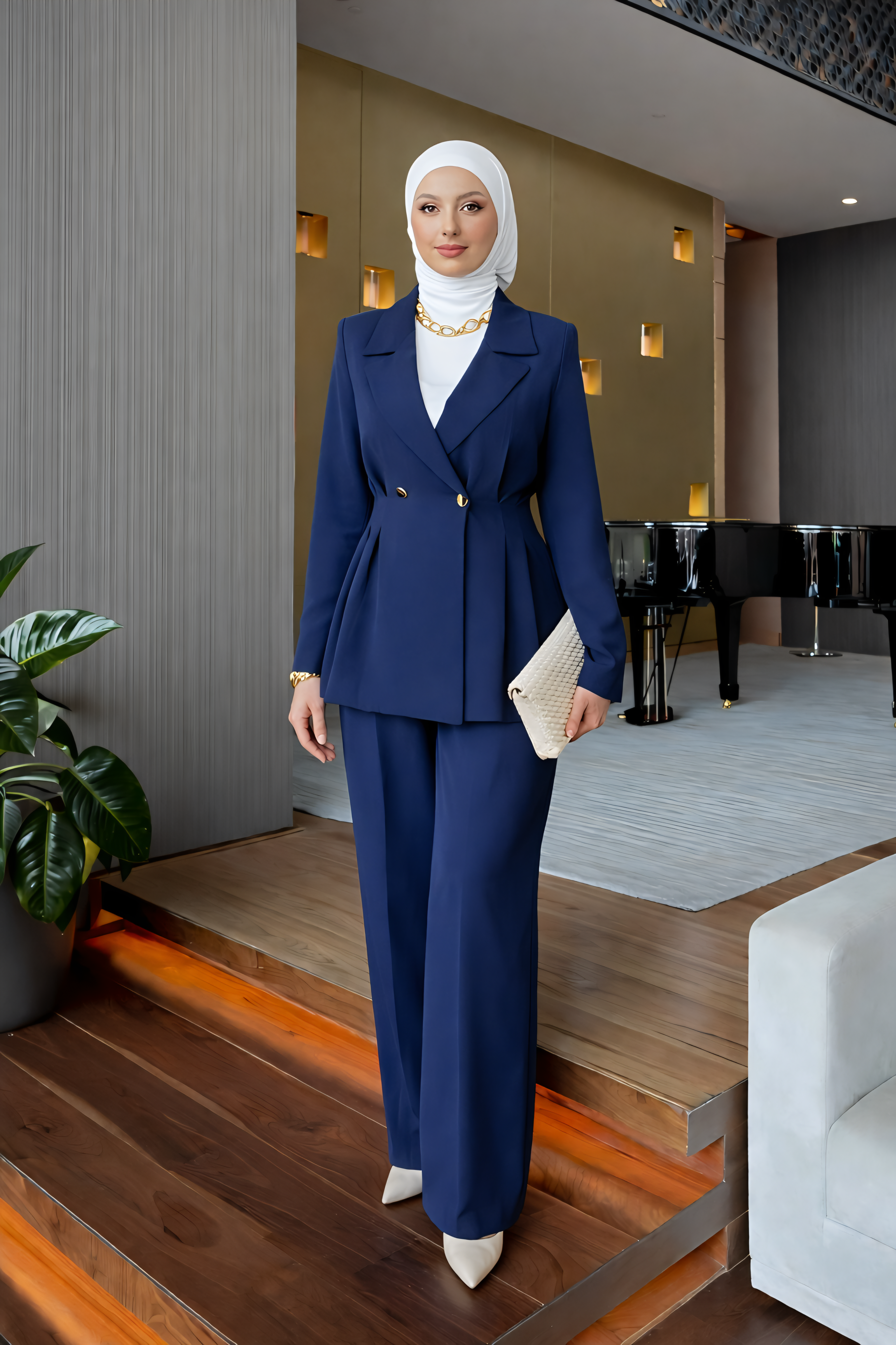 Tailored Pleated Blazer Set-Deep Royal Blue