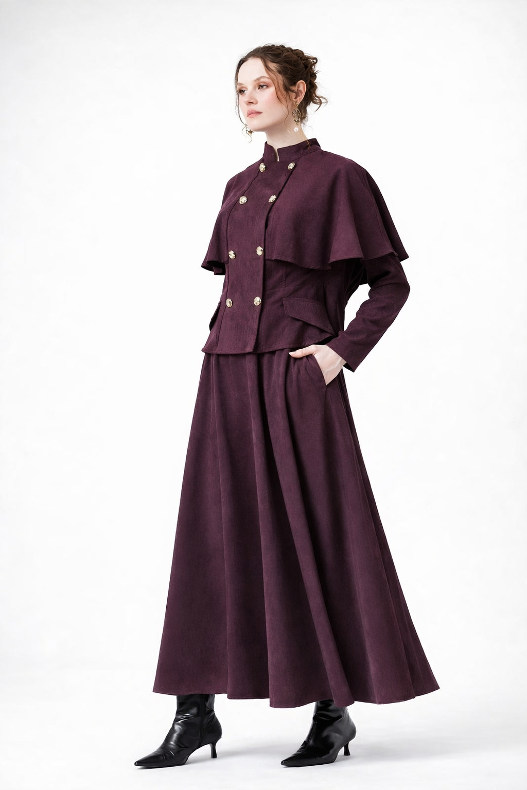 Delicate Suede Cape Set -Plum