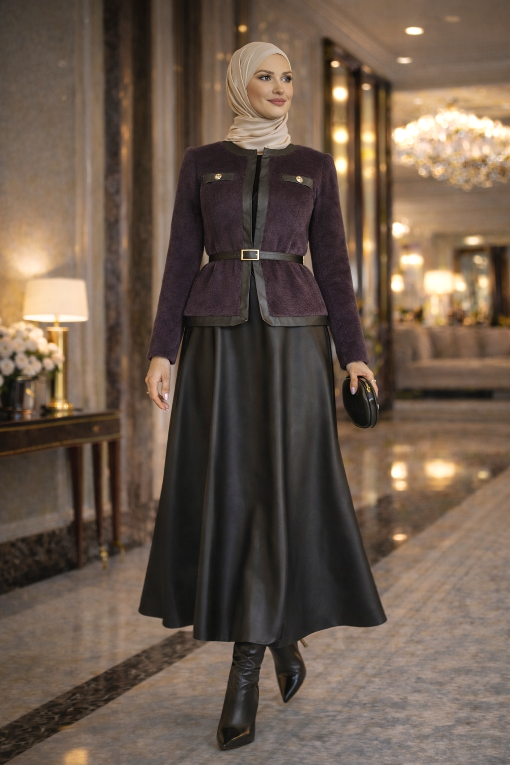 Premium Faux Fur & Leather Ensemble - Aubergine Brown