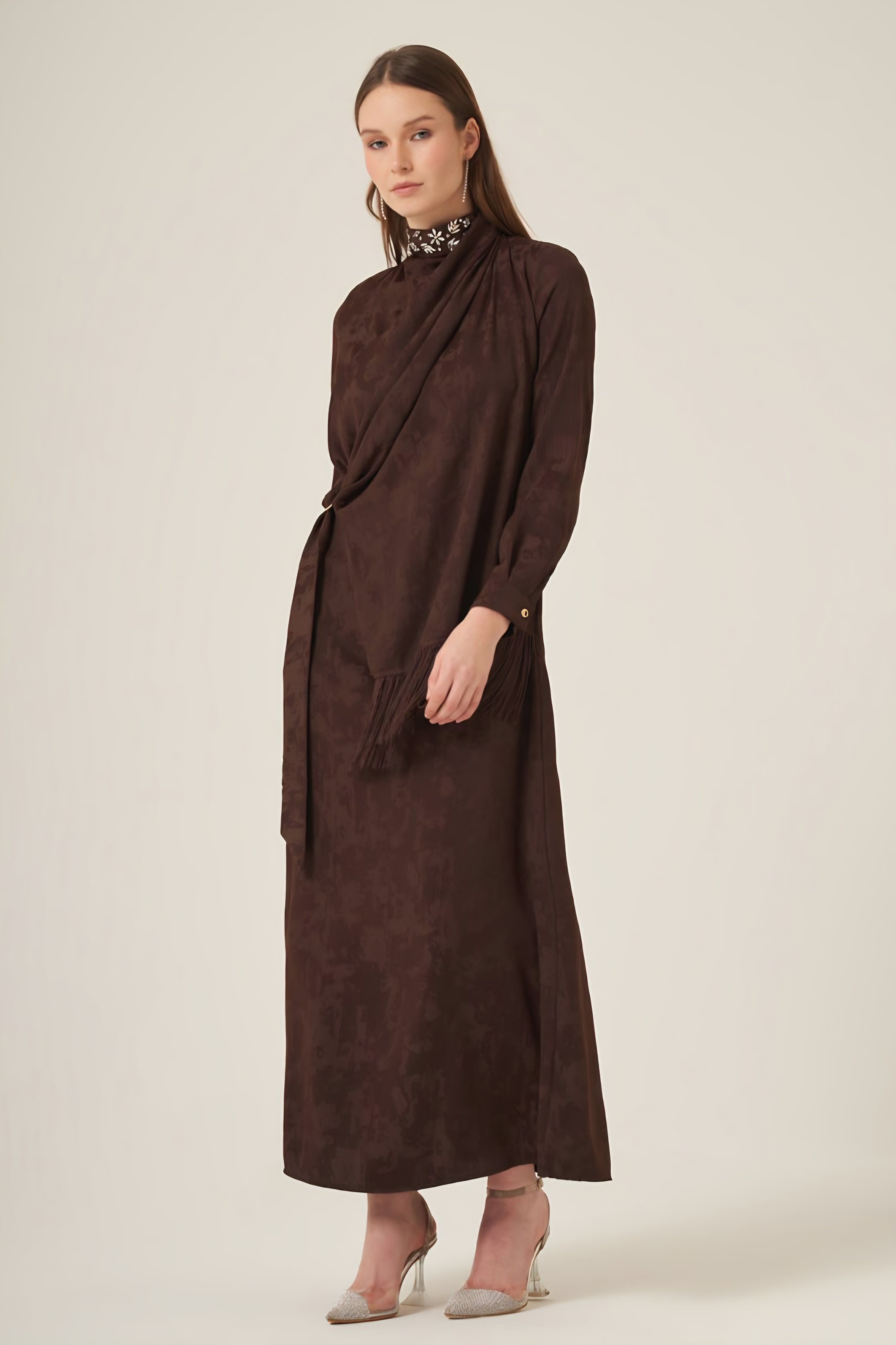 Diamond Yoke Draped Jacquar Dress-Deep Cocoa