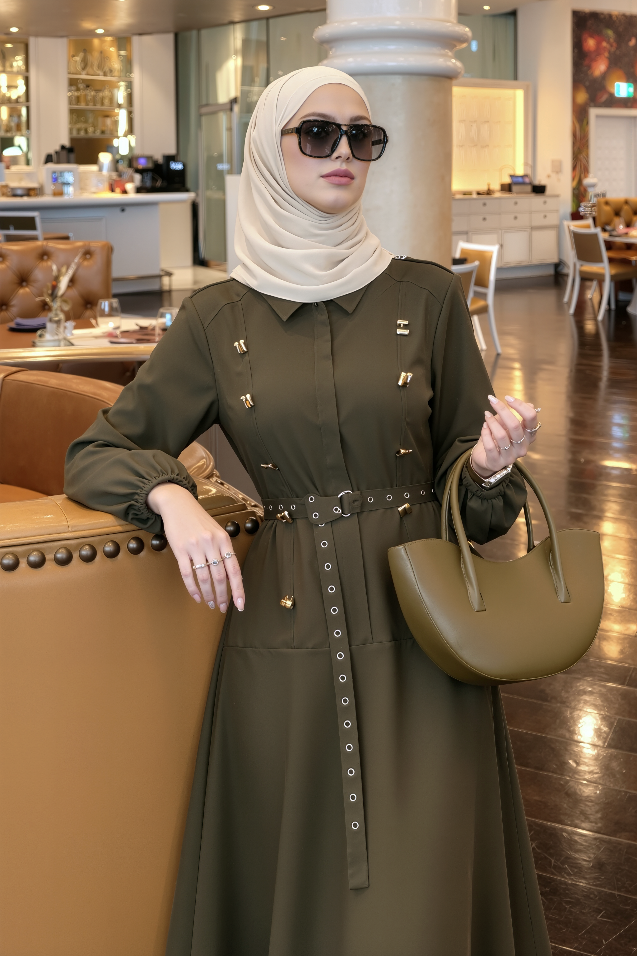 Silver Eyelet Belted Dress-Forest Khaki