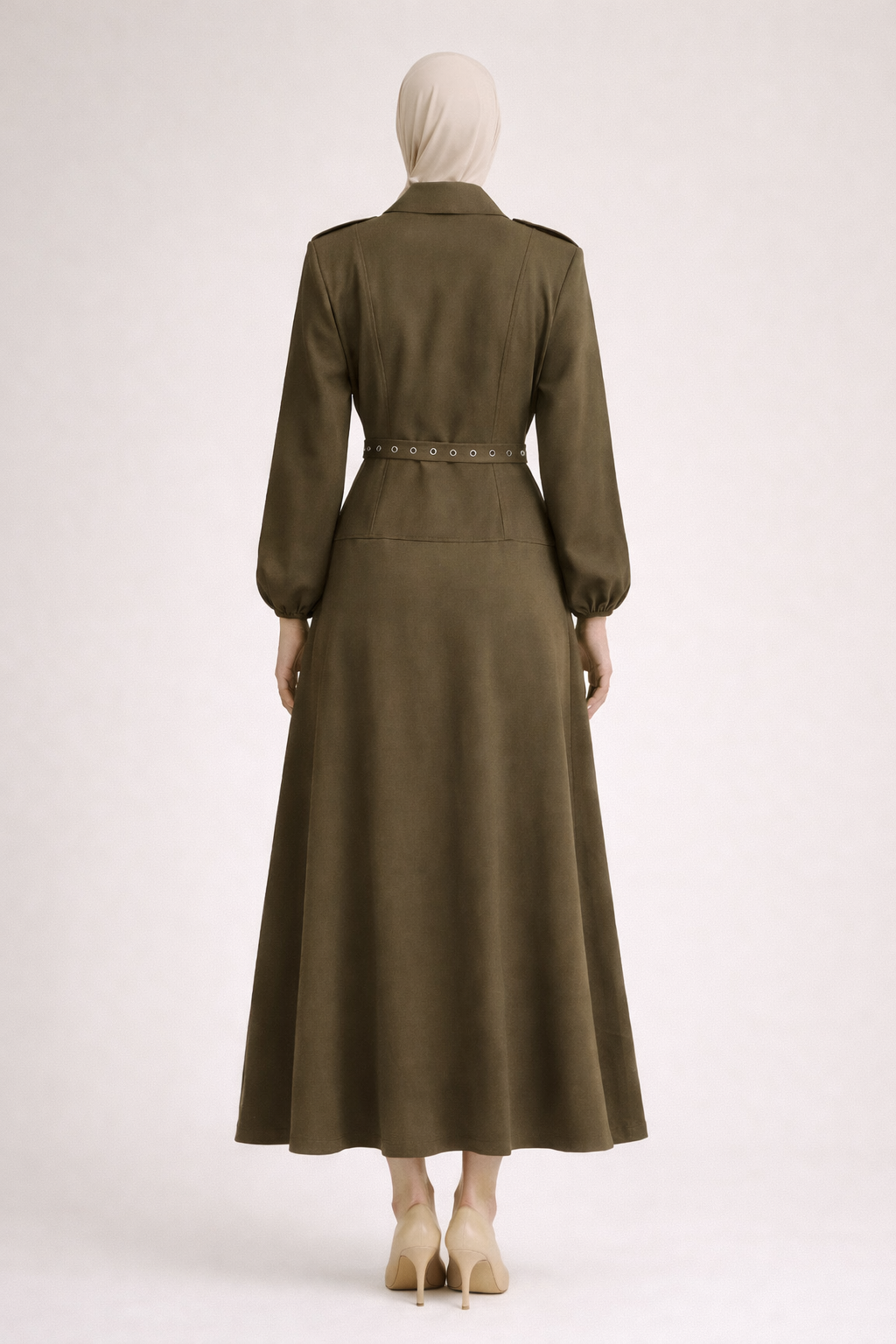 Silver Eyelet Belted Dress-Forest Khaki